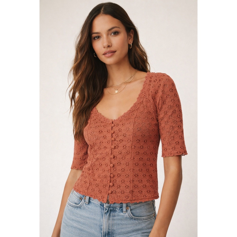 Free People Rust Crochet Button-Front Top